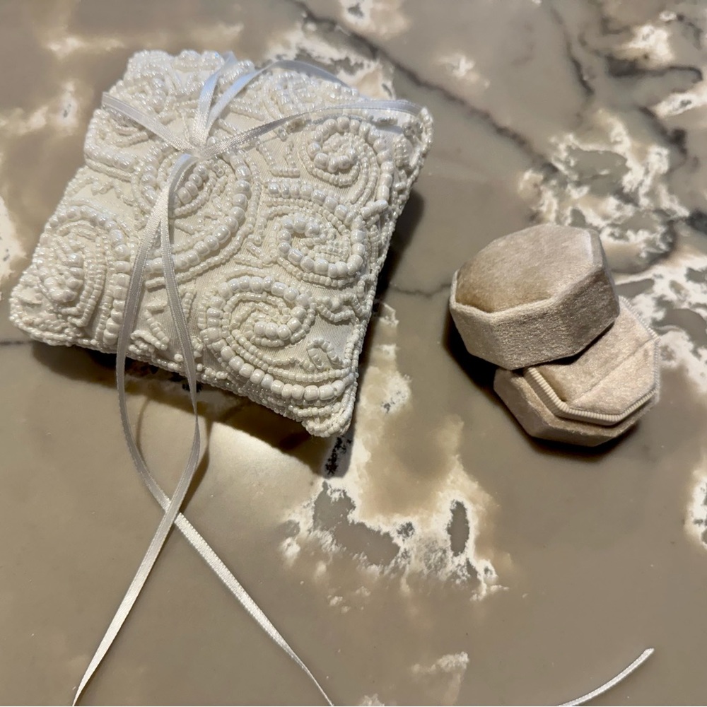 Elegant Beaded Ring Pillow with Velvet Ring Box - NWOT